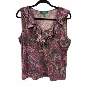 Lauren Ralph Lauren Large Womens Paisley Ruffle Sleeveless Blouse Boho Romantic
